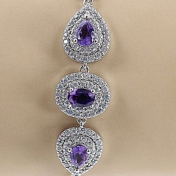 Gold Coast 7.5" + 2" Extender Chain Purple CZ Amethyst Platinum Plated Bracelet - Picture 3 of 6